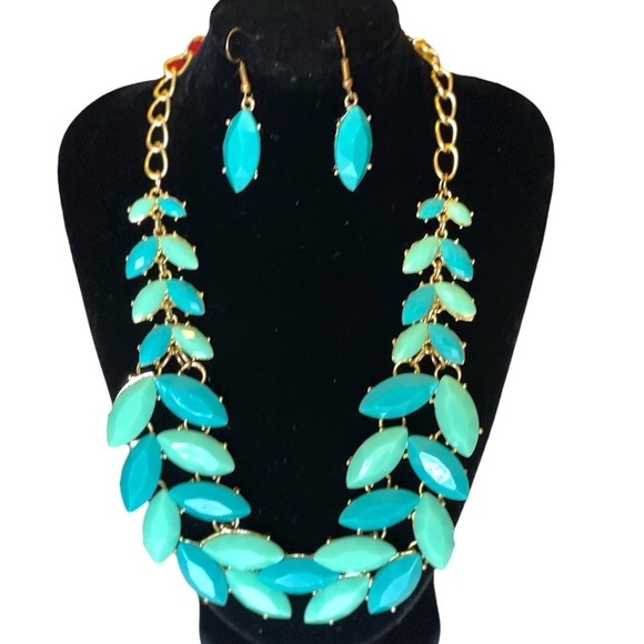 Rhinestone Necklace Set Statement Earrings Turquoise Blue Bridal Prom Jewelry - Picture 1 of 2